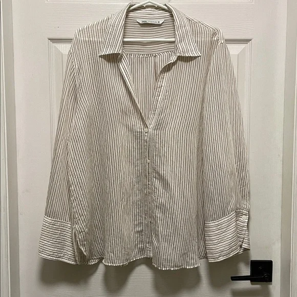 Zara | Semi Sheer |Pinstripe |Collared |Button Down |Wide Cuff |Blouse |Size XXL - Picture 1 of 14